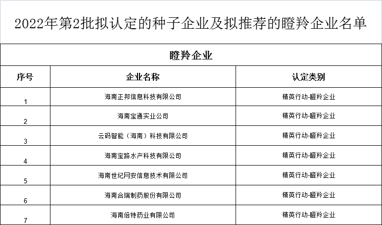 海南省高新技術瞪羚企業名單