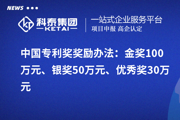 中國(guó)專利獎(jiǎng)：金獎(jiǎng)100萬(wàn)元、銀獎(jiǎng)50萬(wàn)元、優(yōu)秀獎(jiǎng)30萬(wàn)元（省級(jí)）