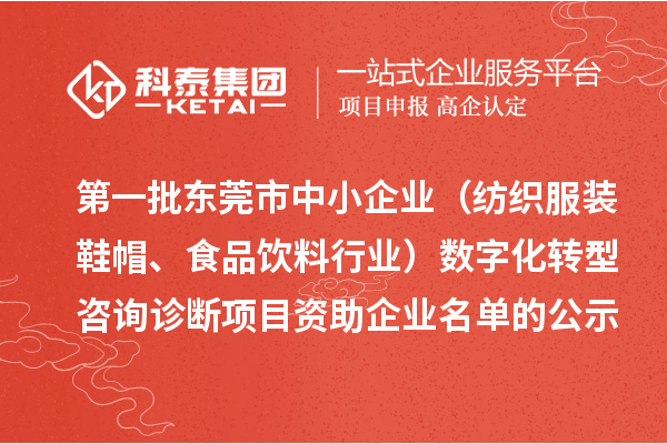 第一批東莞市中小企業（紡織服裝鞋帽、食品飲料行業）數字化轉型咨詢診斷項目資助企業名單的公示