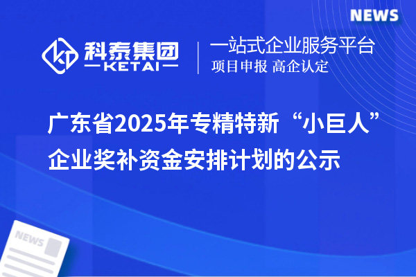 廣東省2025年專精特新“小巨人”企業獎補資金安排計劃的公示